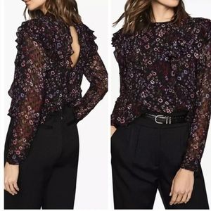REISS Faiza Floral Ruffle Blouse Black Size 10 NEW with Tags 275$
